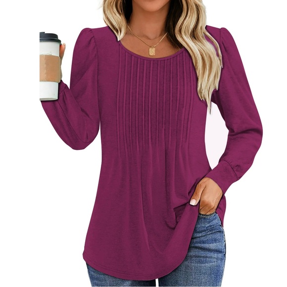 Women Fall Tops Dressy Casual Blouses Pleated Top - Picture 1 of 6